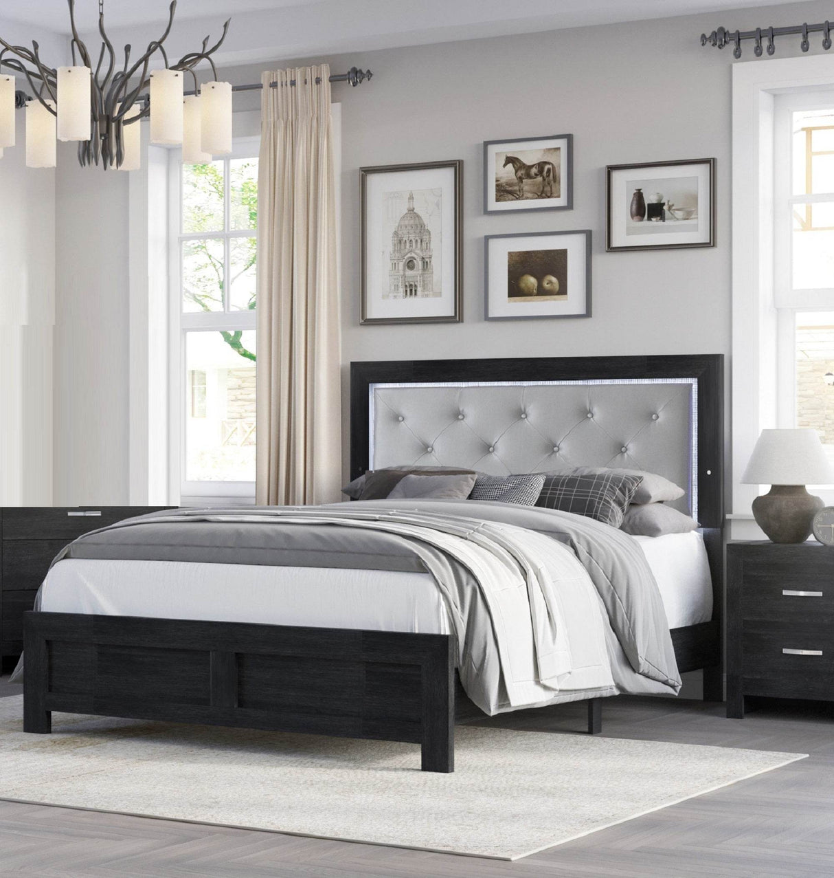 Modern King Panel Bed With LED Upholstered Headboard