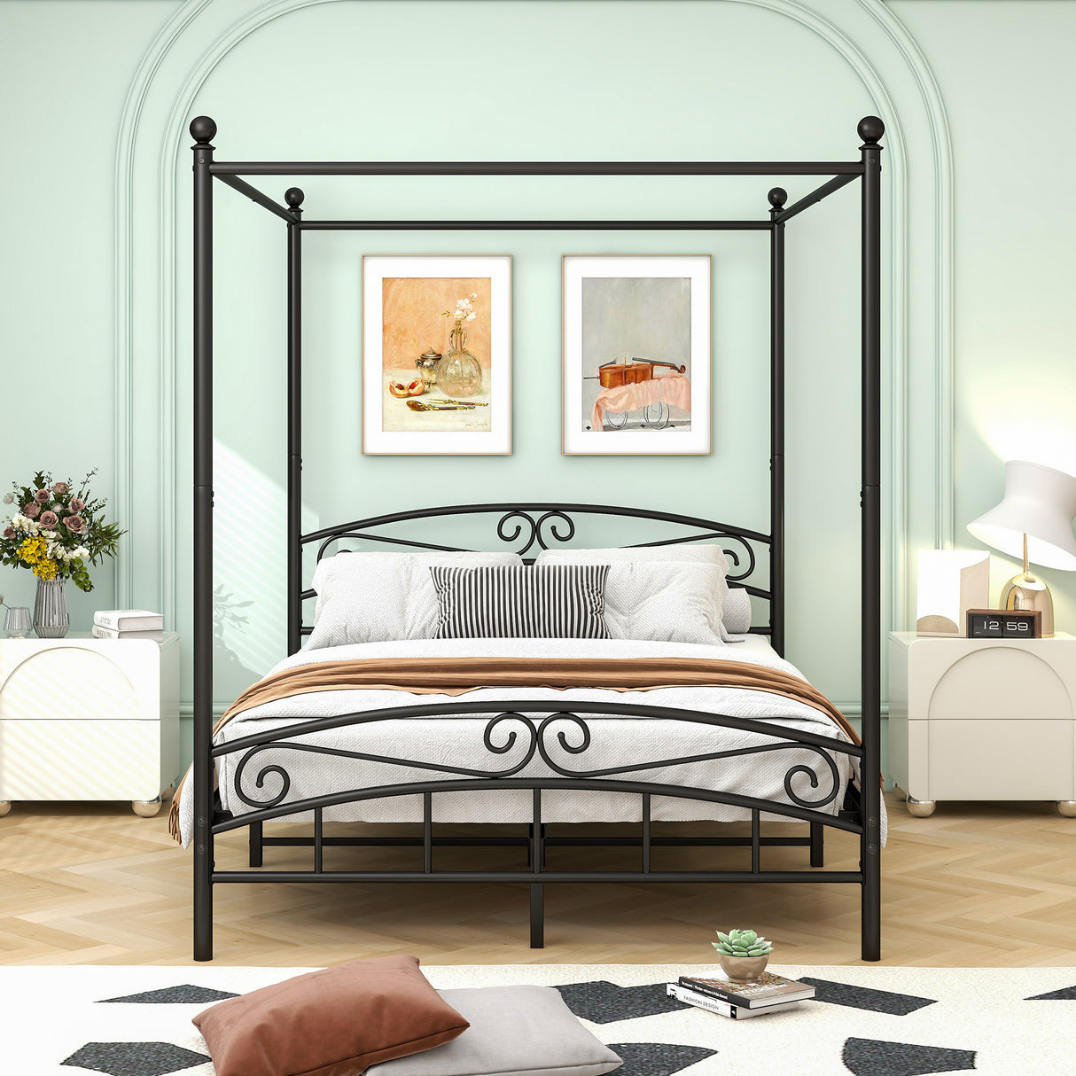 Queen Metal Canopy Bed Frame With Headboard And Footboard