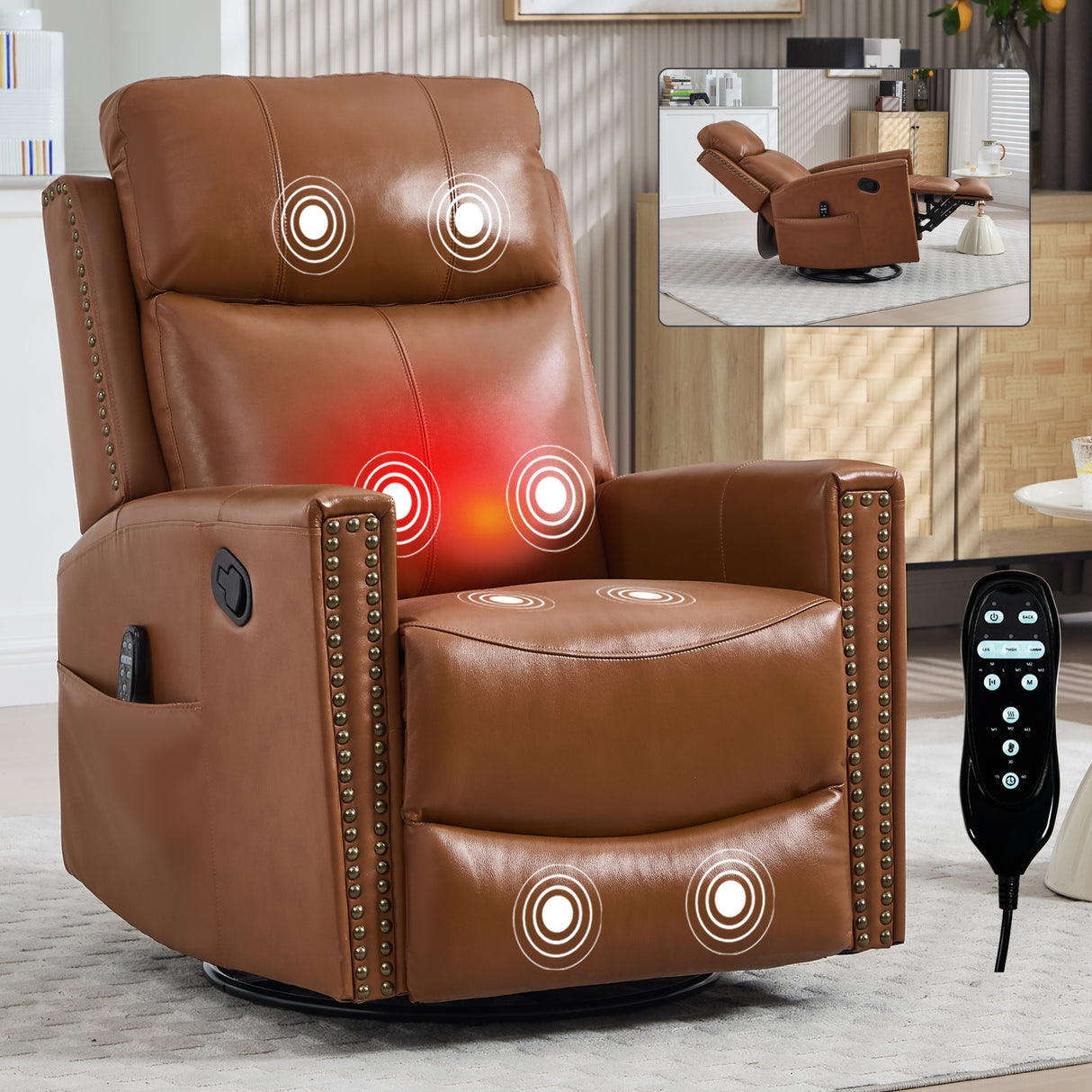 Genuine Leather Medium-Firm Heat Massage Recliner Chair