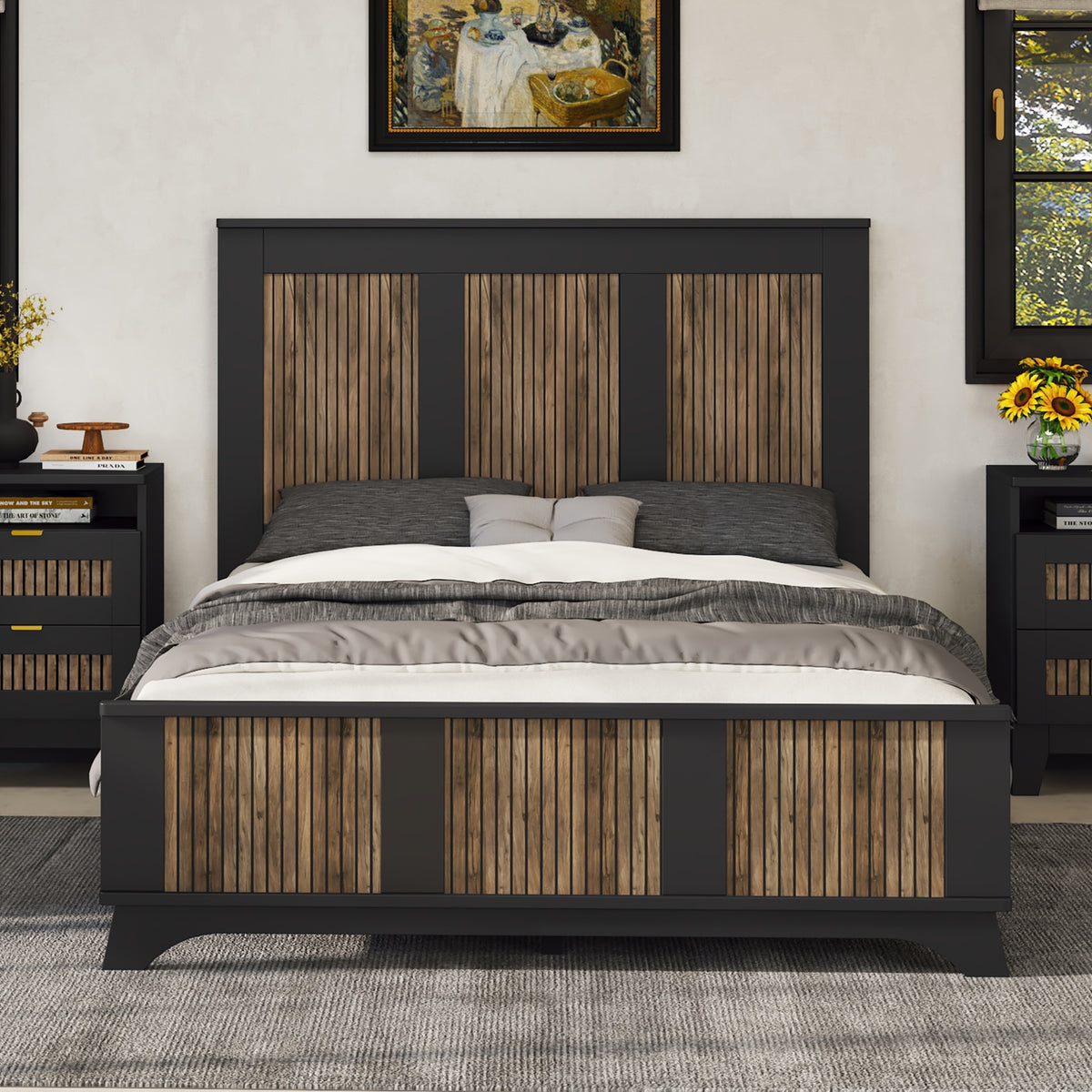 Full Farmhouse Wooden Platform Bed With Plywood Slats