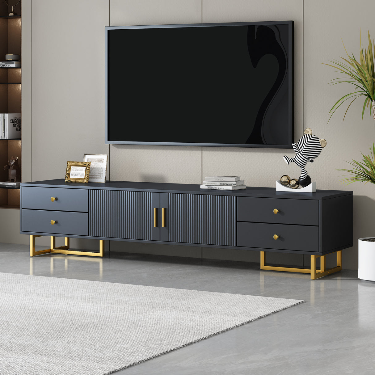 Modern Black MDF TV Stand With Storage Cabinet