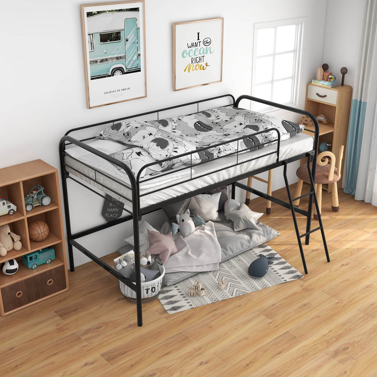 Twin Metal Loft Bed Frame With Guardrails And Ladder