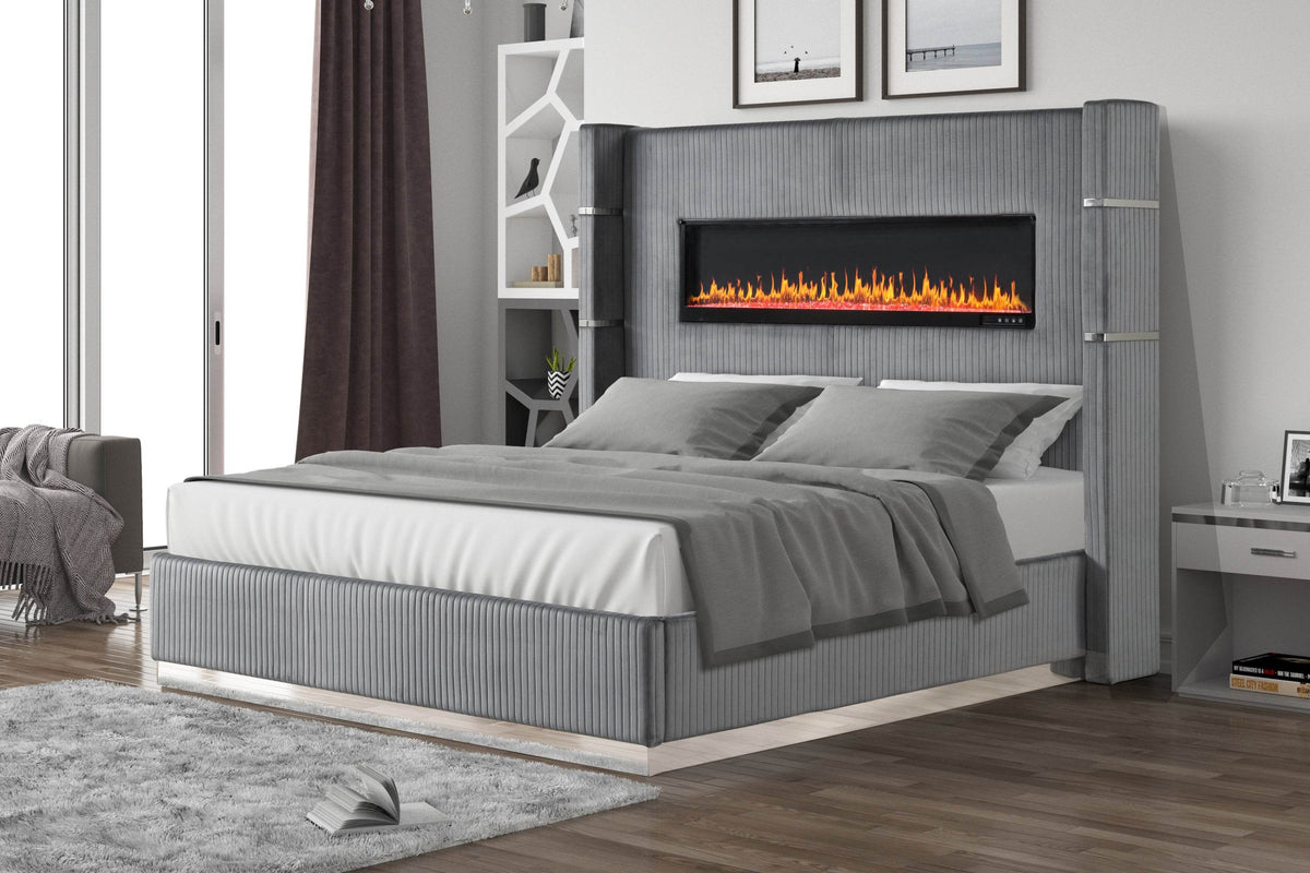 Modern Velvet Upholstered King Size Wood Bed Frame