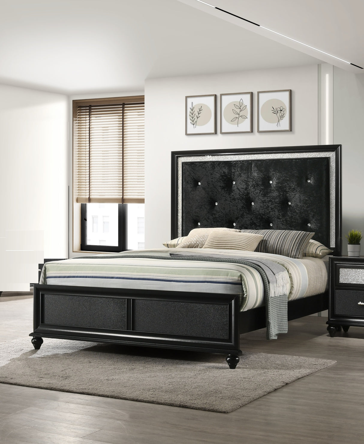 Full Size Modern Glam Black Upholstered Panel Bed