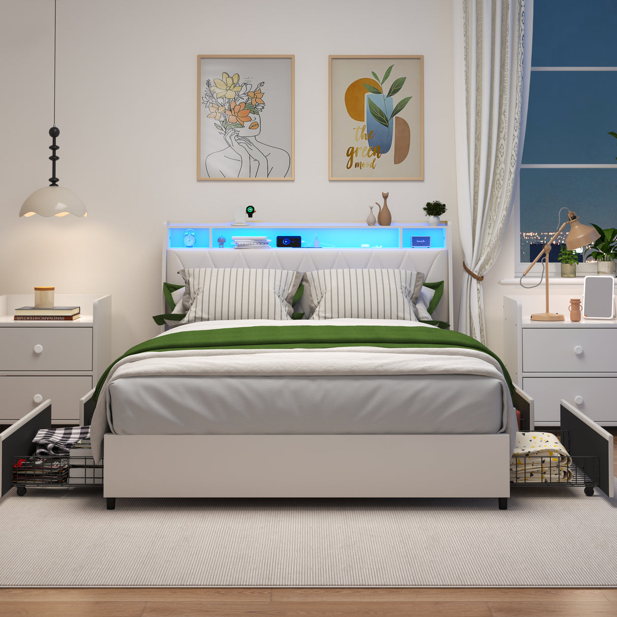 Queen Metal Platform Bed Frame With Ergonomic Headboard And Outlets
