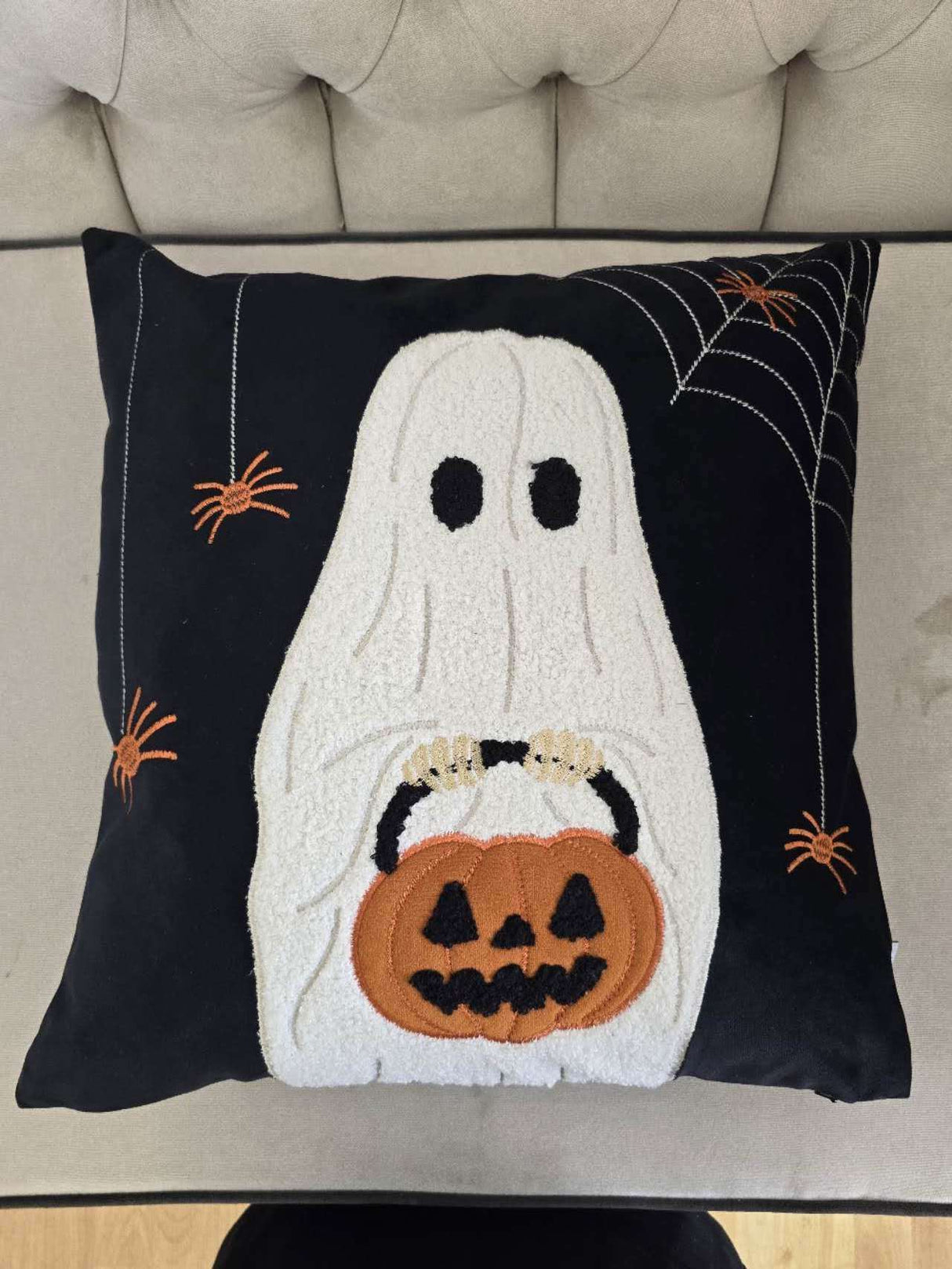 Halloween Embroidered Ghost Pumpkin Bucket Throw Pillow