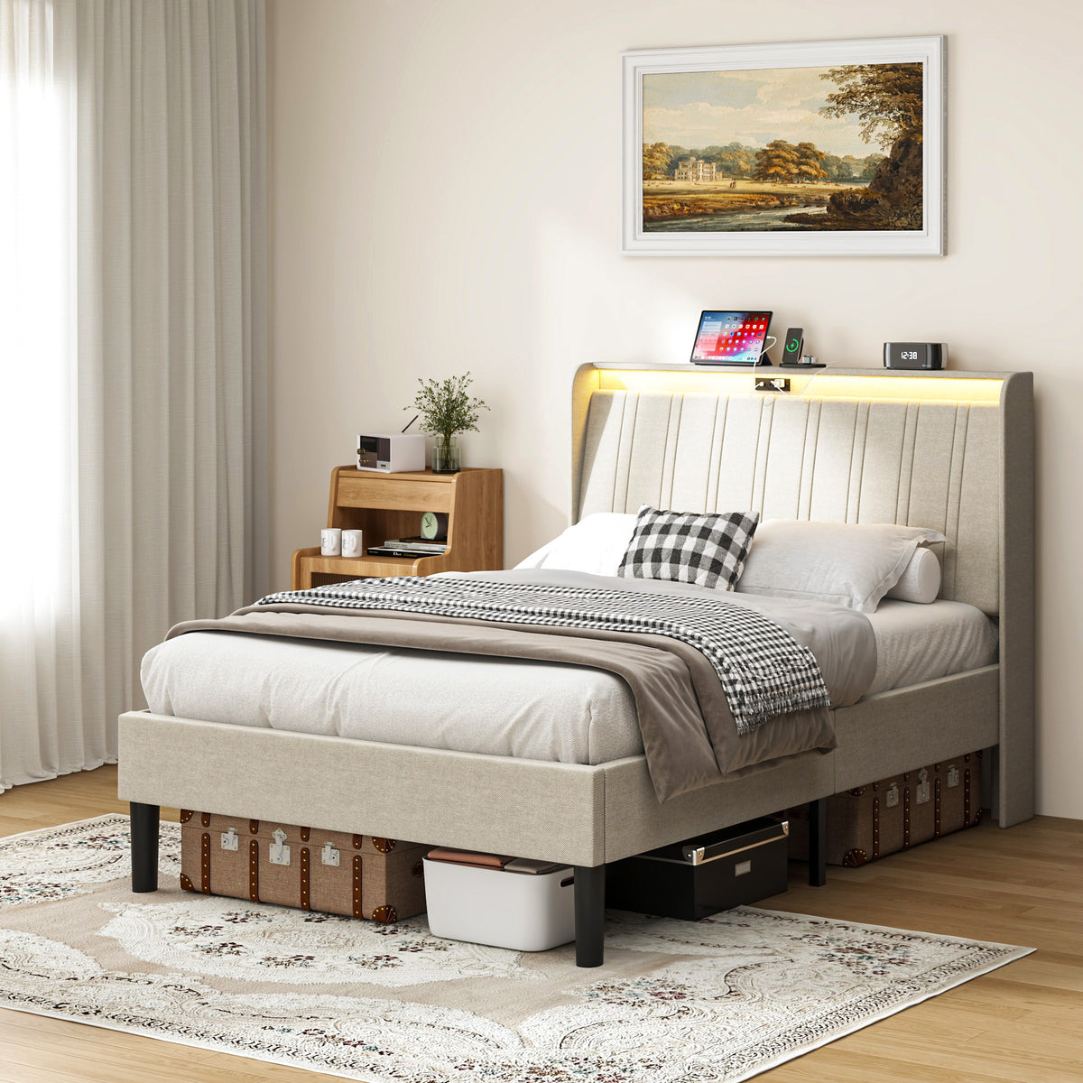 Twin Metal Wood Platform Bed Frame With Upholstered Headboard