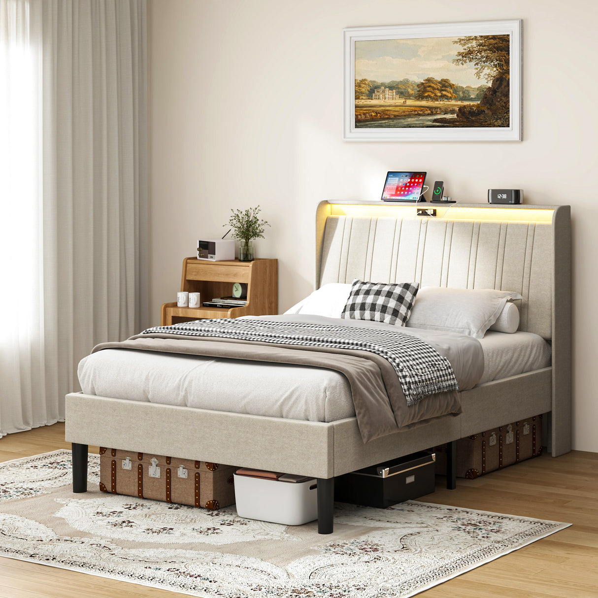 Twin Metal Wood Platform Bed Frame With Upholstered Headboard
