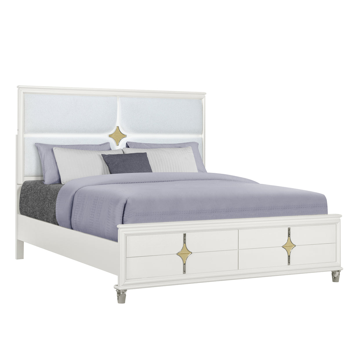 Queen Contemporary Gold White Panel Bed Frame With LED Lights