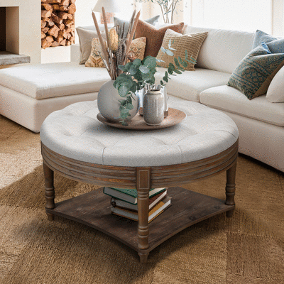 Round Tufted Storage Ottoman Coffee Table With Waterproof Top - Sleep Galleria