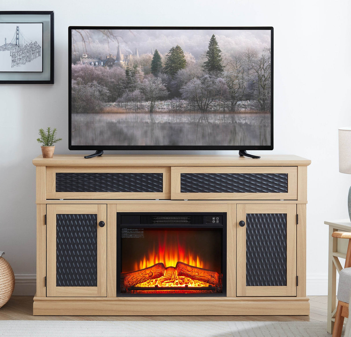 Embossed Light Oak Fireplace TV Stand Console - Sleep Galleria
