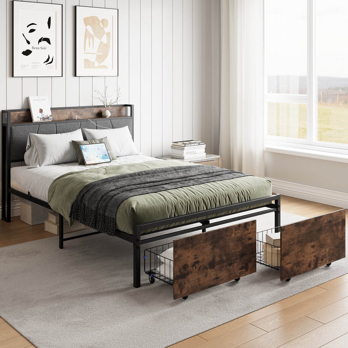 Full Size Bed Frame With Storage Headboard And Charging