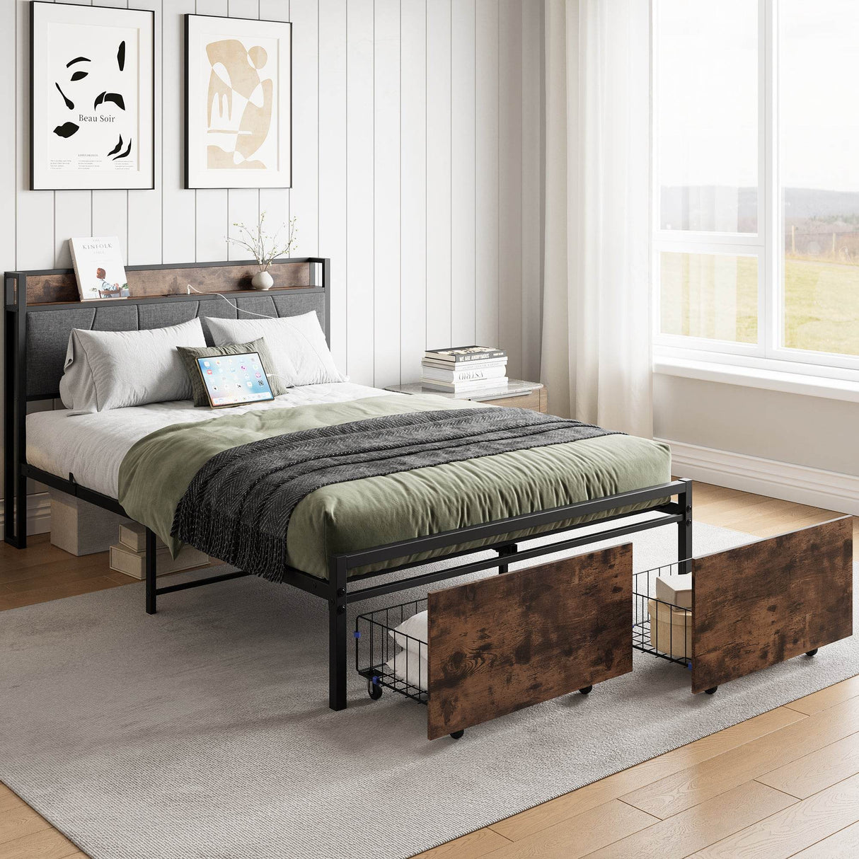 Full Size Bed Frame With Storage Headboard And Charging