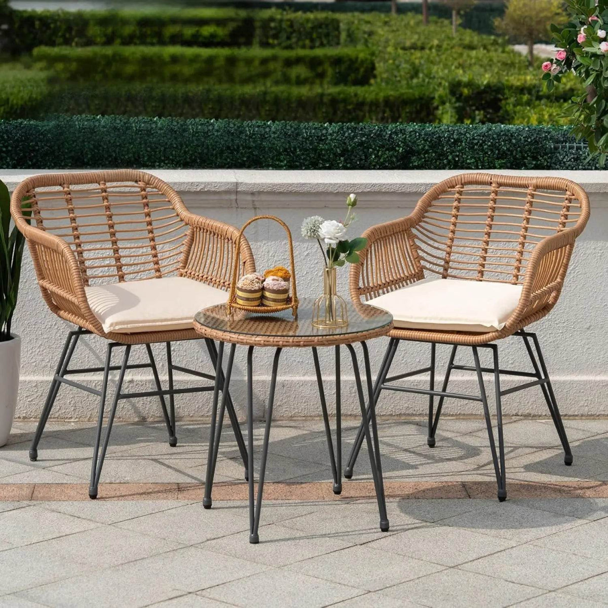 3-Piece Outdoor Wicker Patio Bistro Set With Cushions - Sleep Galleria