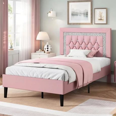 Upholstered Platform Bed Frame With Tufted Headboard - ANGDUO - Sleep Galleria