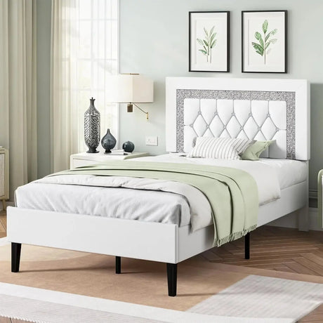 Upholstered Platform Bed Frame With Tufted Headboard - ANGDUO - Sleep Galleria