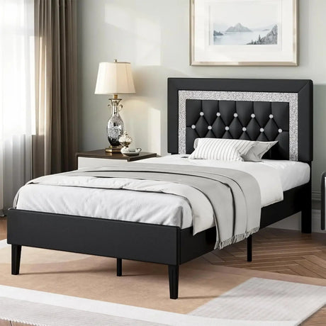 Upholstered Platform Bed Frame With Tufted Headboard - ANGDUO - Sleep Galleria
