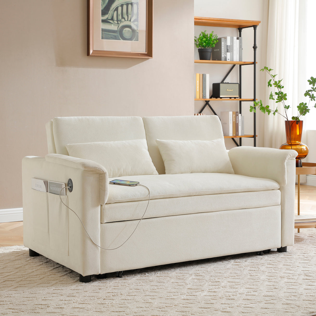 Velvet Pull Out Sofa Bed With Adjustable Backrest
