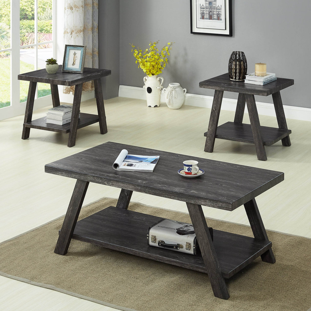 Contemporary Wood Shelf Coffee Table Set Charcoal Finish - Sleep Galleria