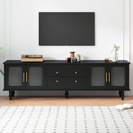 Retro Vintage Black TV Stand With Fluted Glass Doors - Sleep Galleria