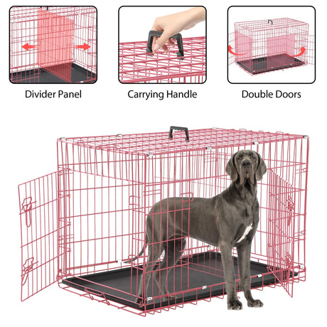 42 Inch Dog Crate, Dog Crates and Kennels Foldable Large Dog Crate for Large Dogs with Handle Double-Door Outdoor Metal Wire Dog Cage with Plastic Tray for Medium Dogs, Black