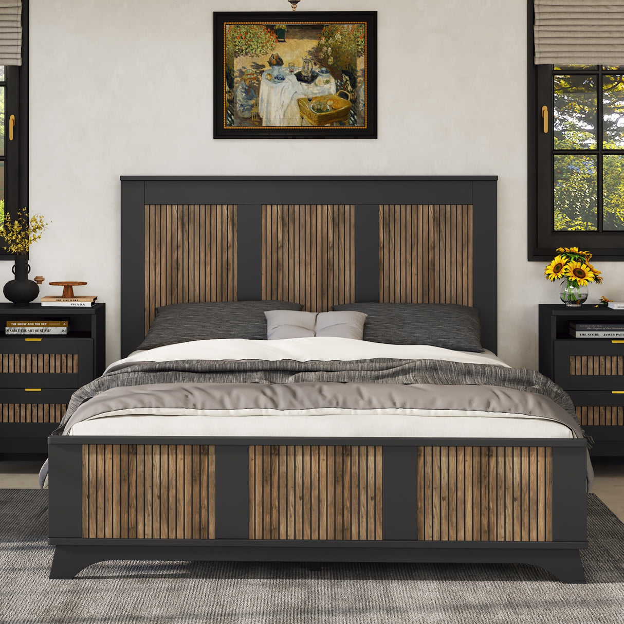 Queen Farmhouse Wooden Platform Bed With Plywood Slats