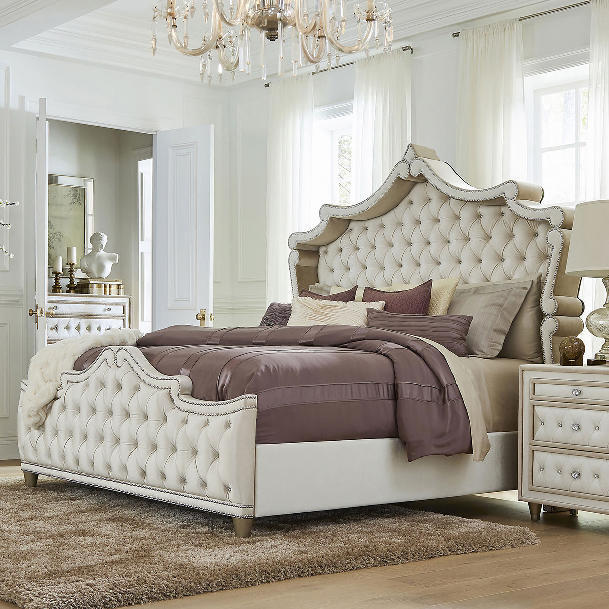 Queen Ivory Velvet Upholstered Tufted Panel Bed