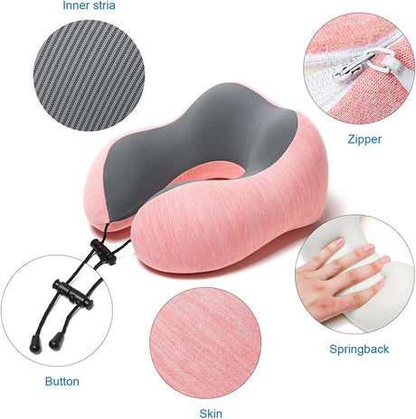 Travel Pillow Memory Foam Neck Pillow, Skin-Friendly and Breathable Pillowcase with 3D Eye Mask, Earplugs and Portable Storage Bag, Suitable for Airplane, Train and Home Use