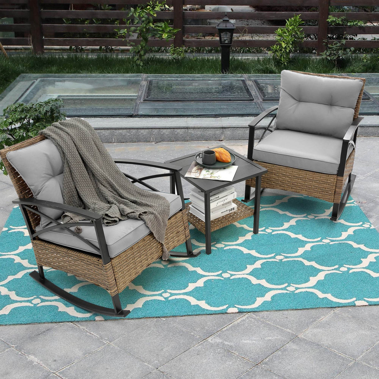 3-Piece Grey Steel Outdoor Rocking Chair Set