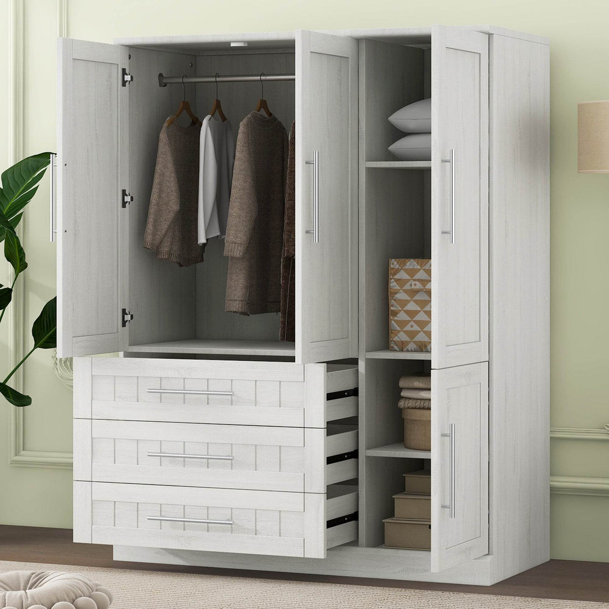 Classic White Solid Wood MDF 4-Door Wardrobe Armoire