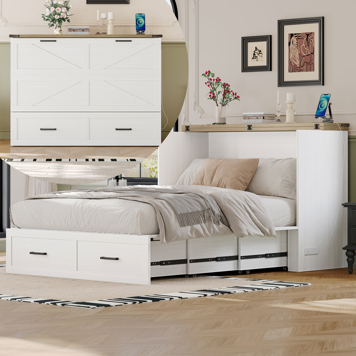 Full Foldable Murphy Cabinet Bed With Charging Station