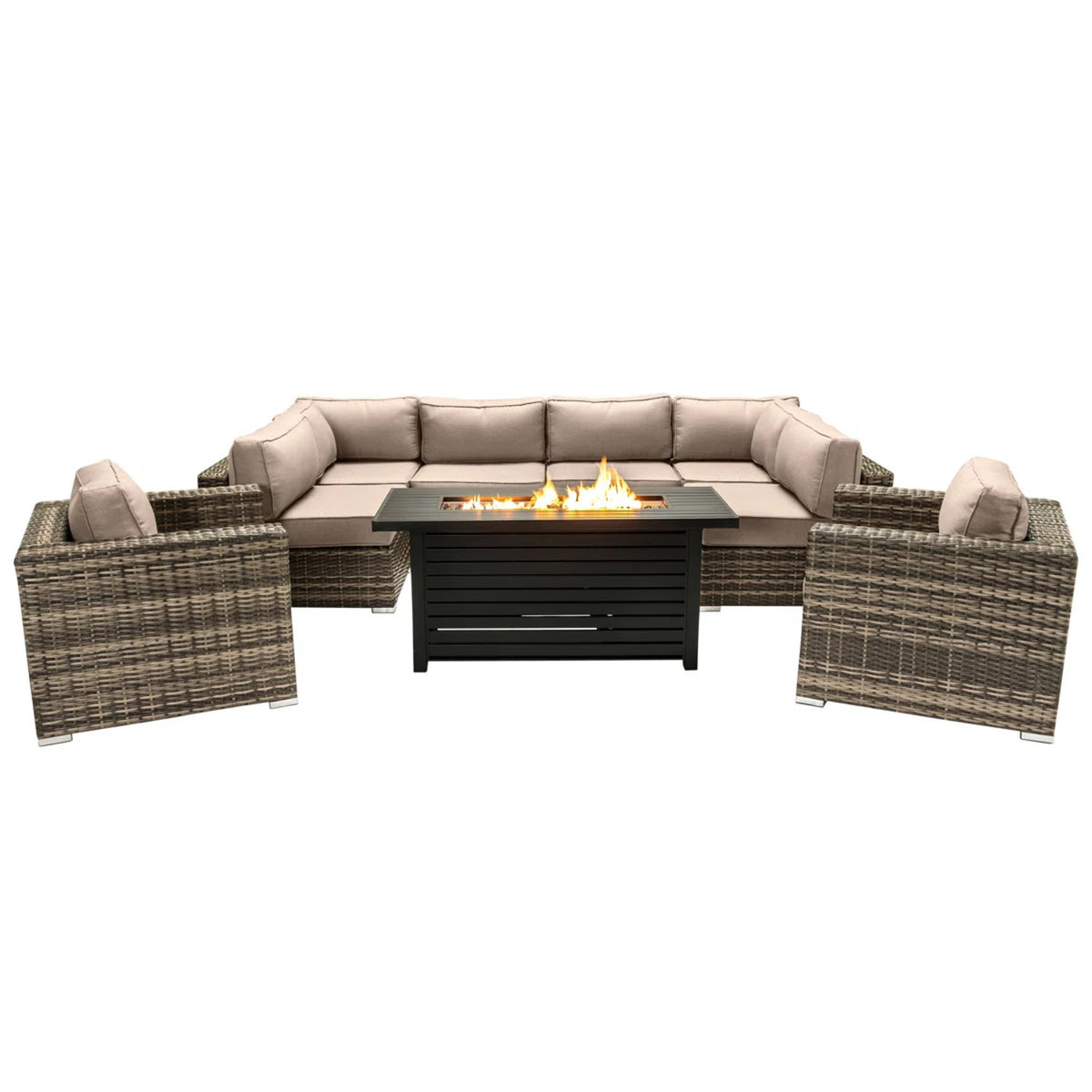 9-Piece Outdoor Wicker Sectional Set With Fire Pit Table