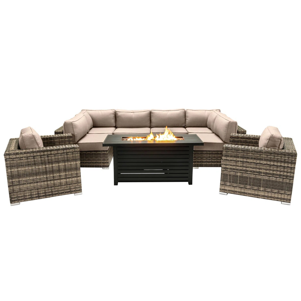 9-Piece Outdoor Wicker Sectional Set With Fire Pit Table