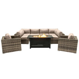 9-Piece Outdoor Wicker Sectional Set With Fire Pit Table