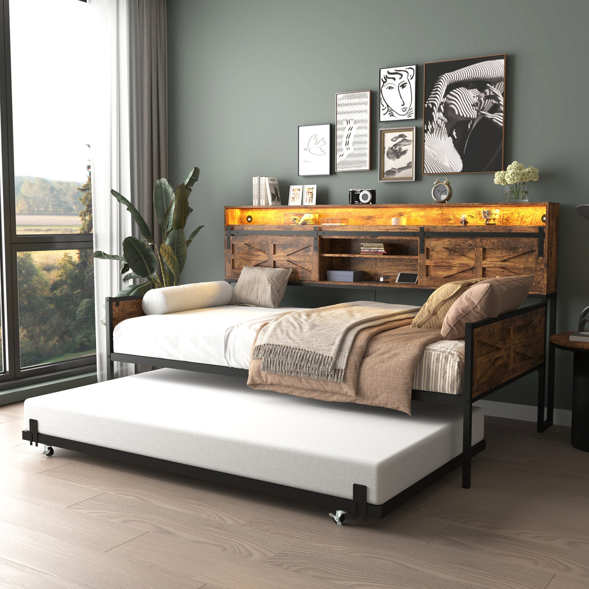 Farmhouse Twin Daybed With Trundle Charging Station And LED
