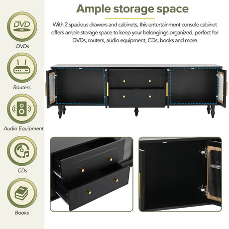 Retro Vintage Black TV Stand With Fluted Glass Doors - Sleep Galleria