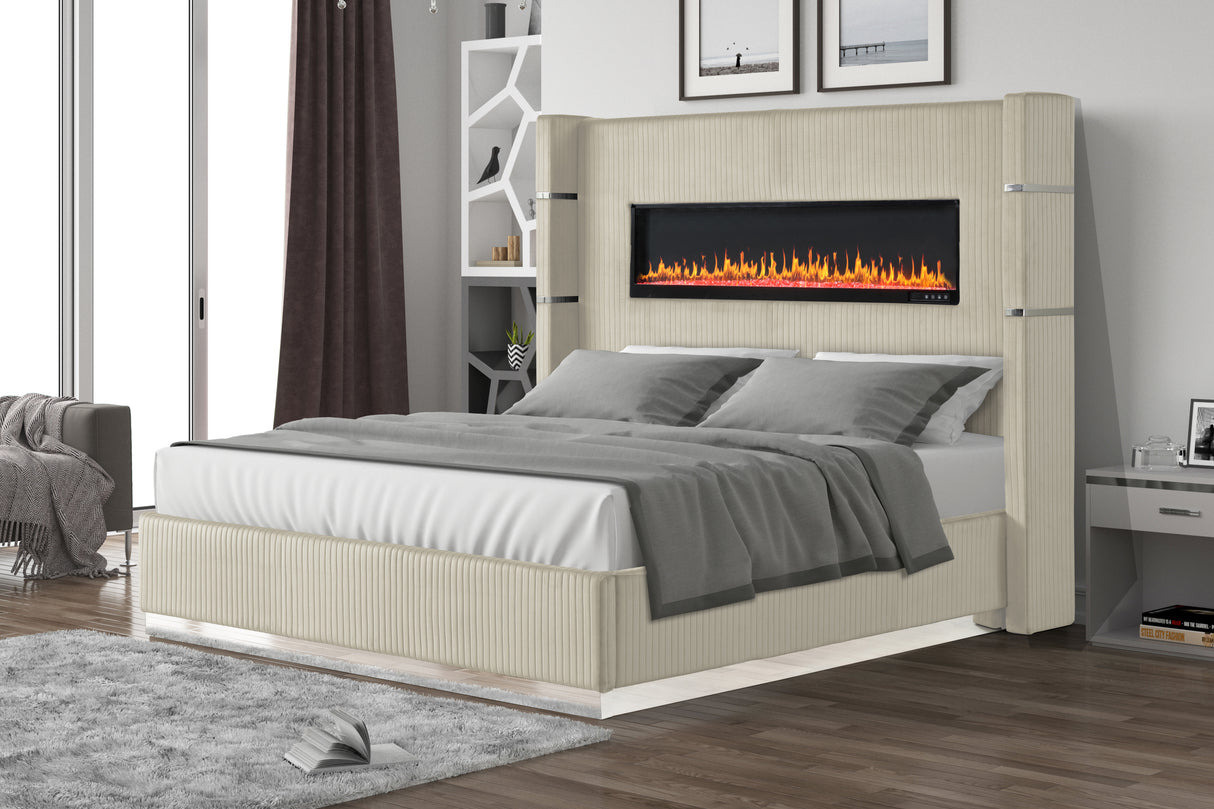 Queen Velvet Upholstered Wood Bed Frame With Fireplace