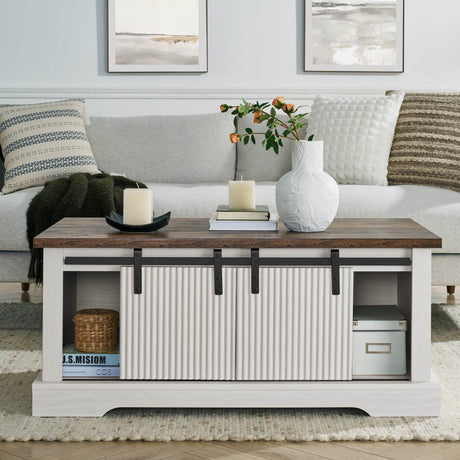Rustic Sliding Barn Door Coffee Table With Storage - Sleep Galleria