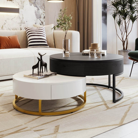 Modern Round Lift-Top Nesting Coffee Tables With Drawers - Sleep Galleria