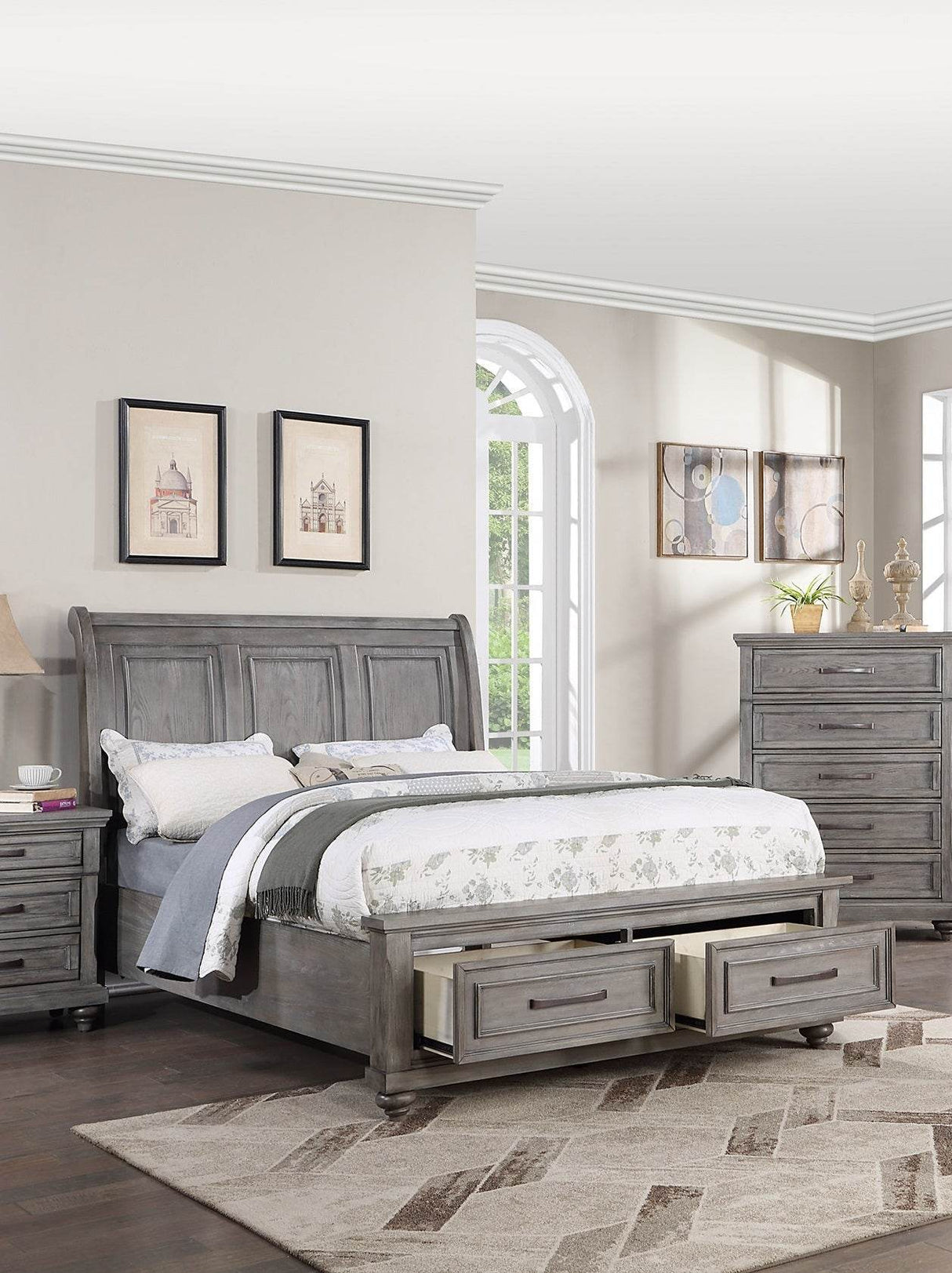 Transitional Antique Gray Eastern King Storage Bed Frame