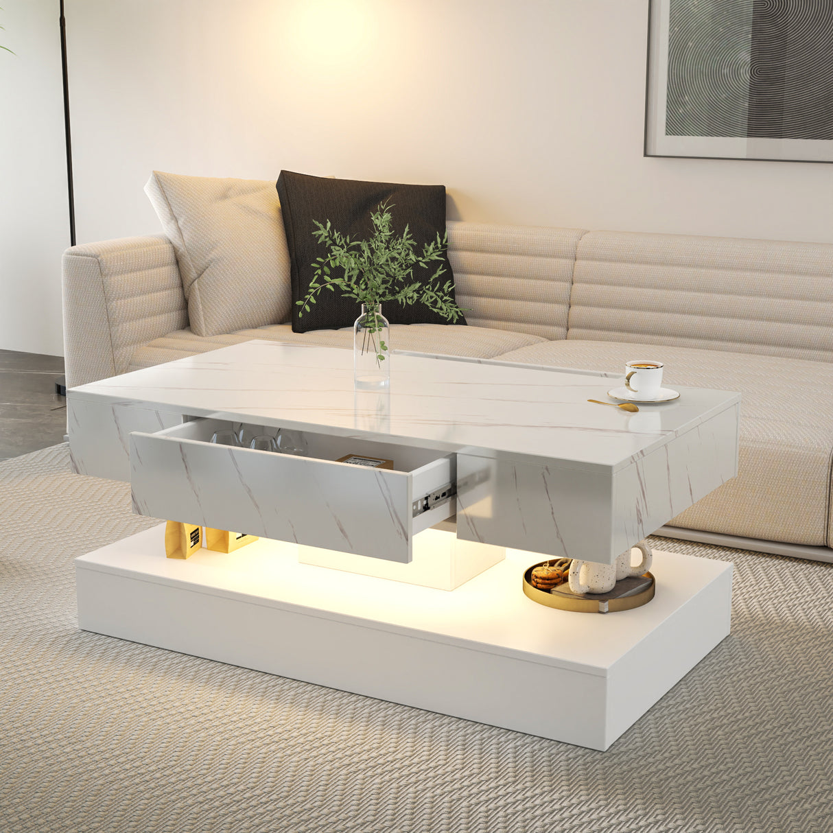Modern LED Coffee Table With Storage Drawer and Lights