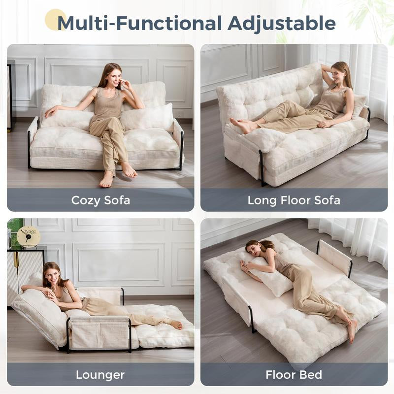 MAXYOYO Adjustable Floor Sofa Couch with 2 Pillows, Boucle Convertible Lazy Sofa Sleeper Bed with Armrest, Double Size, Living Room Furniture
