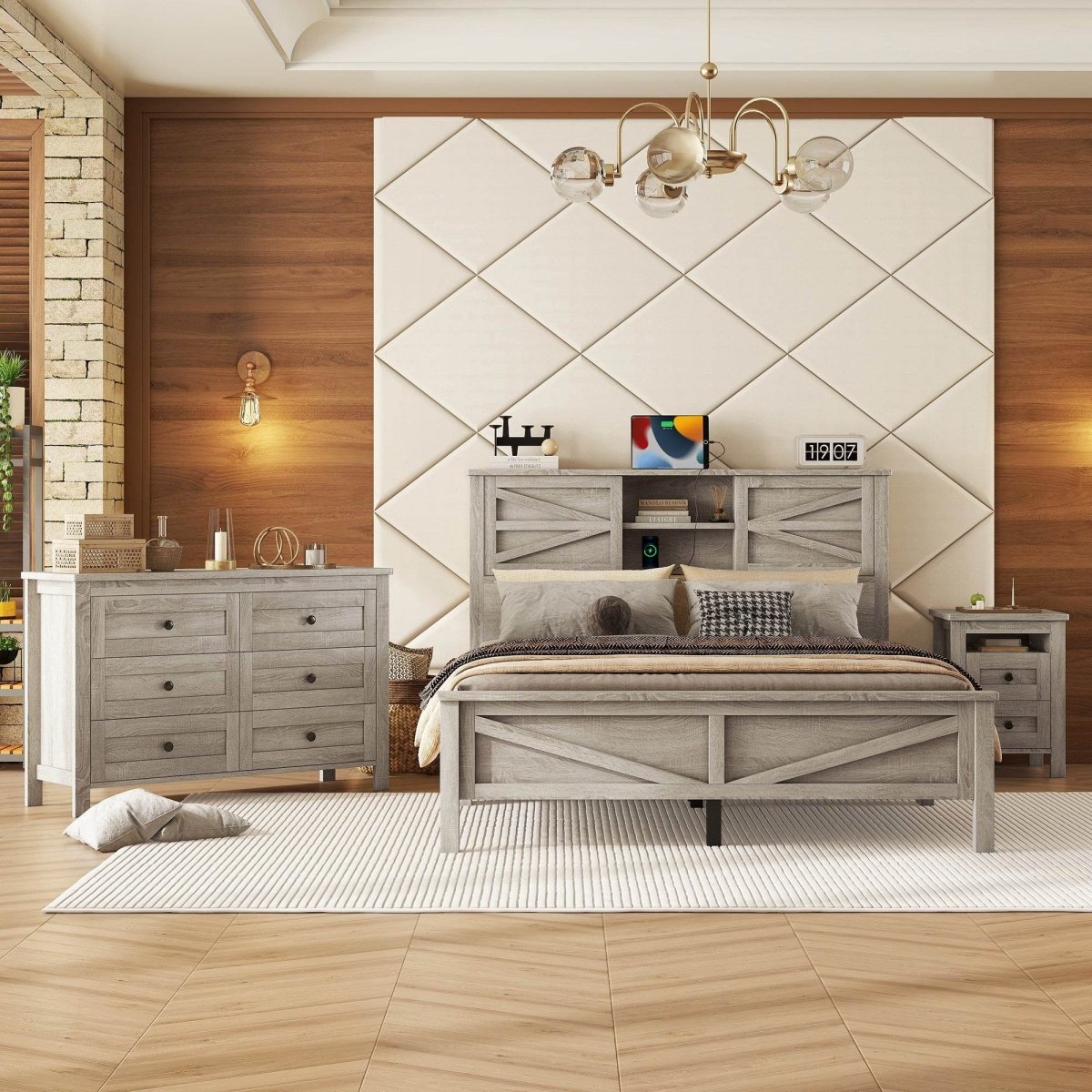 3-Piece Antique Gray Farmhouse Platform Bed Set - Sleep Galleria