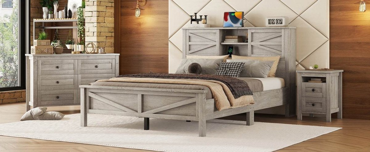 3-Piece Antique Gray Farmhouse Platform Bed Set - Sleep Galleria