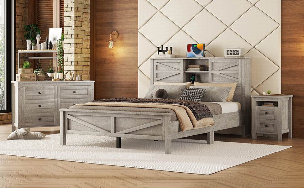3-Piece Antique Gray Farmhouse Platform Bed Set - Sleep Galleria