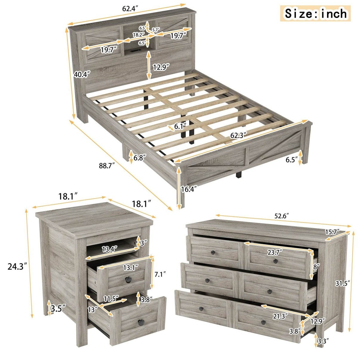 3-Piece Antique Gray Farmhouse Platform Bed Set - Sleep Galleria