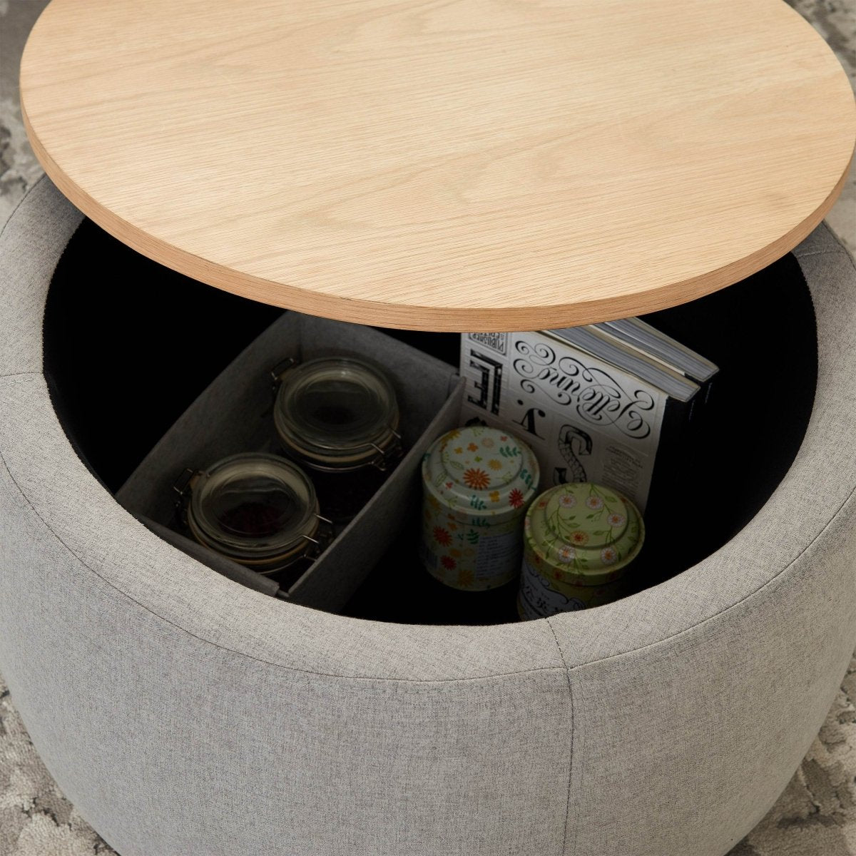 Round Linen Upholstered Storage Ottoman With Removable Top - Blissora - Sleep Galleria