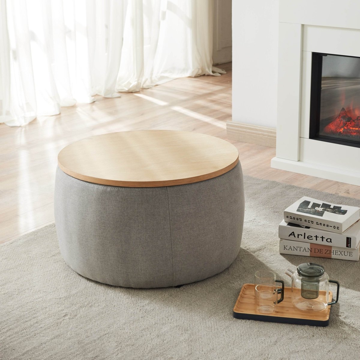 Round Linen Upholstered Storage Ottoman With Removable Top - Blissora - Sleep Galleria