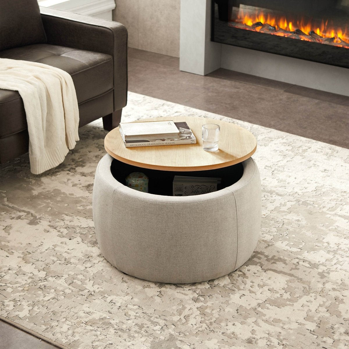 Round Linen Upholstered Storage Ottoman With Removable Top - Blissora - Sleep Galleria