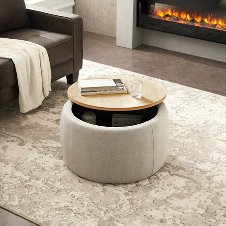 Round Linen Upholstered Storage Ottoman With Removable Top - Blissora - Sleep Galleria